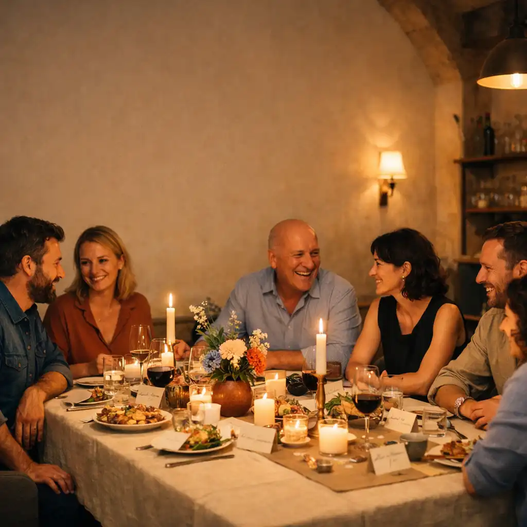 Beszélgető vendégek hosszú, terített asztal körül egy meleg hangulatú tematikus estén